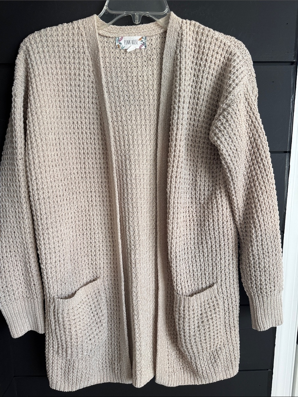 Pink Rose Beige Waffle Knit Cardigan with Pockets S
